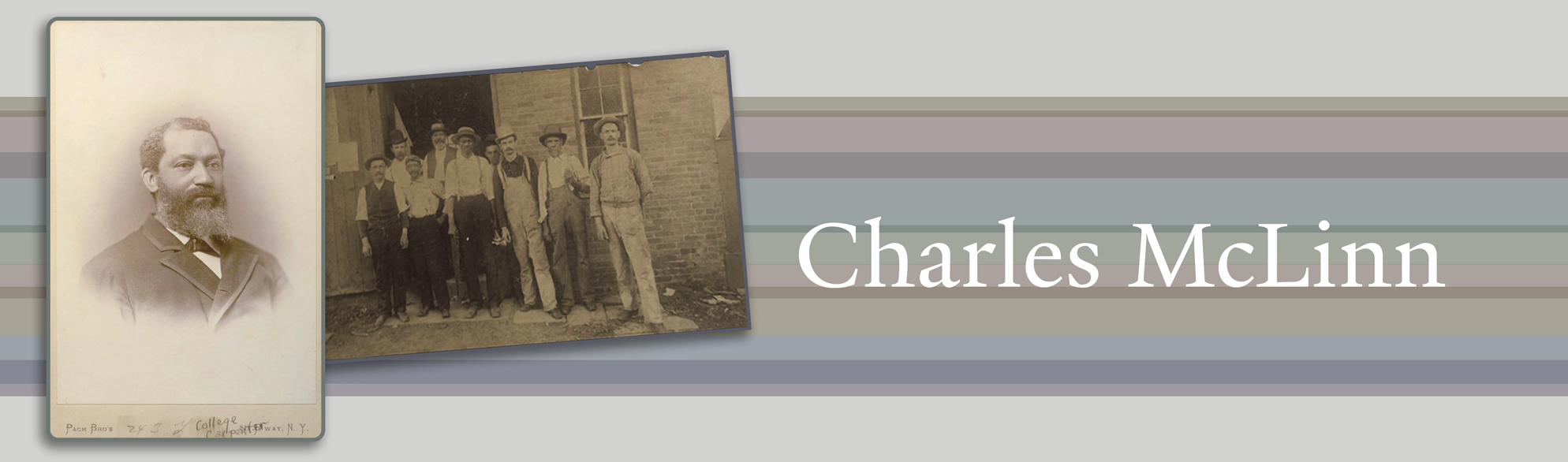 A banner graphic featuring a portrait of Charles McLinn and a photo of Charles with a group of carpenters at Yale